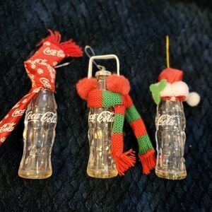 Coca-Cola Festive Glass Bottle Trio with Red and Green Accents 1998